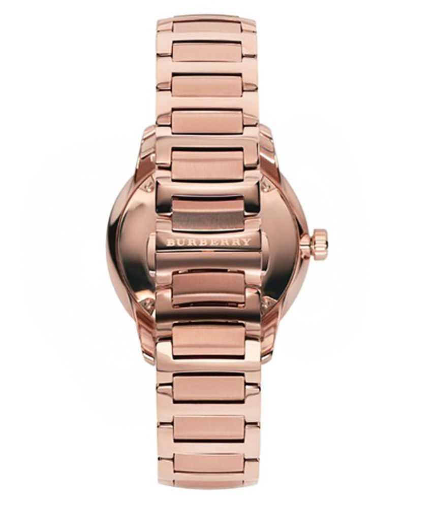 Burberry Classic BU10013 rose gold watch case back view showing bracelet attachment