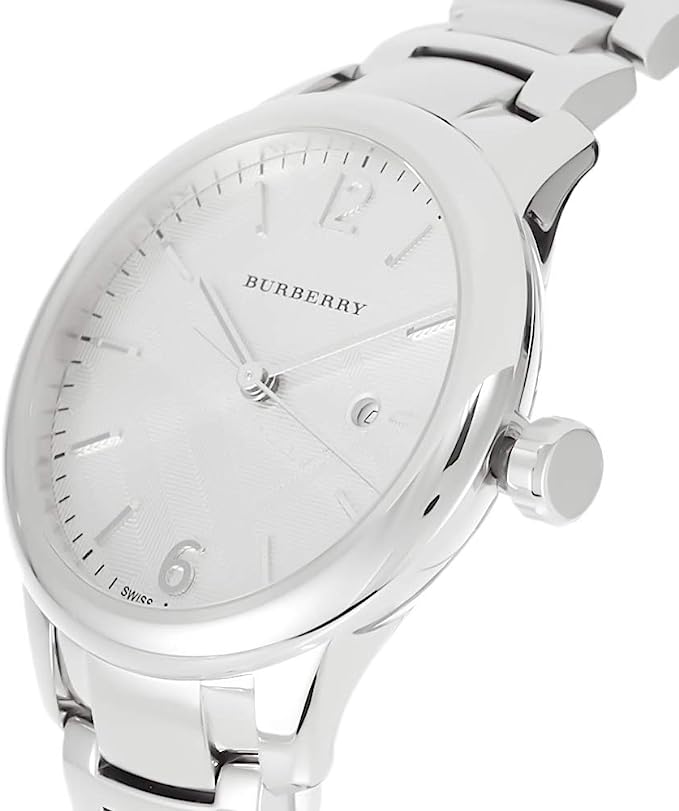 Burberry The Classic BU10108 watch at angle showing silver case and white dial with numerals
