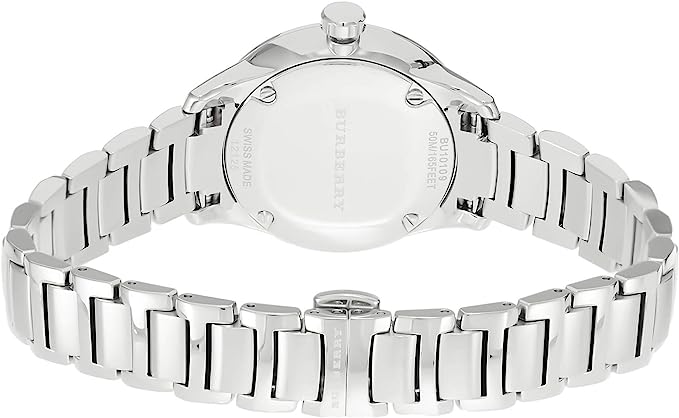 Burberry The Classic BU10108 caseback view showing stainless steel bracelet and case back