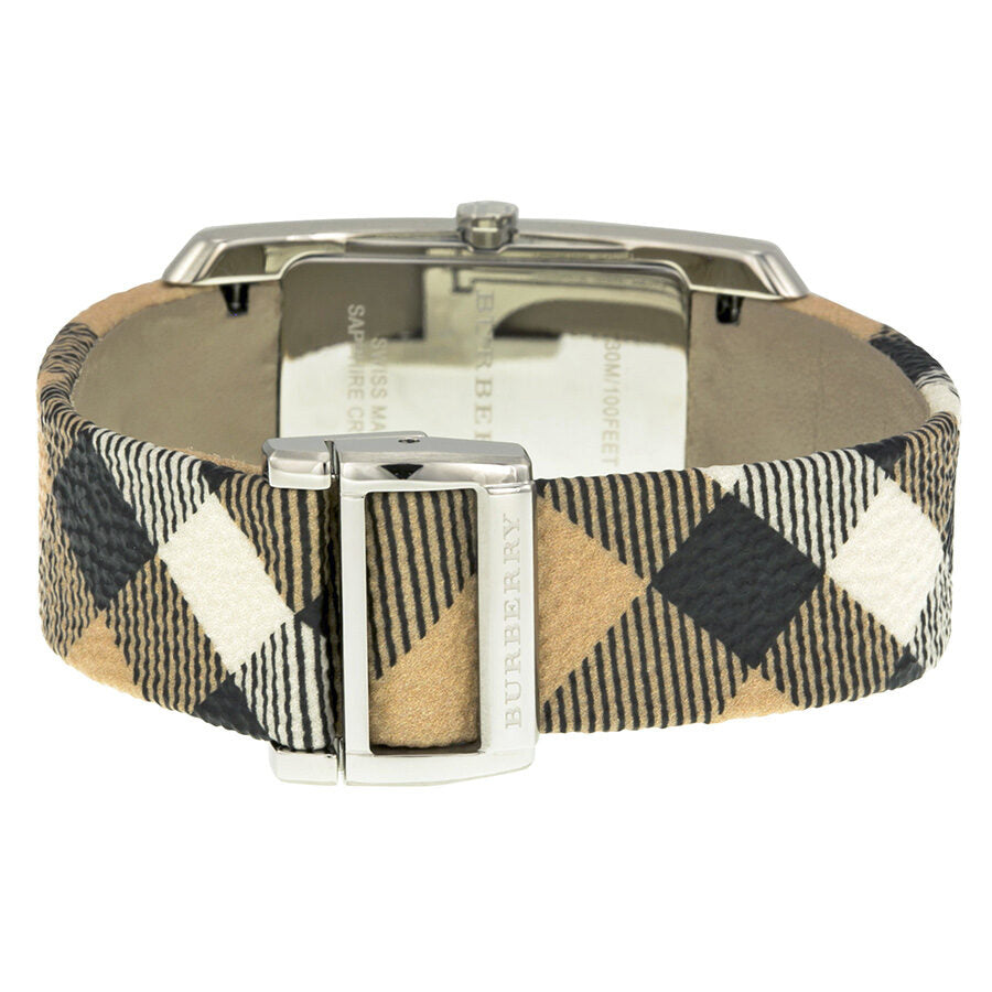 Caseback view of Burberry The Pioneer watch displaying metal case and Haymarket check strap detail
