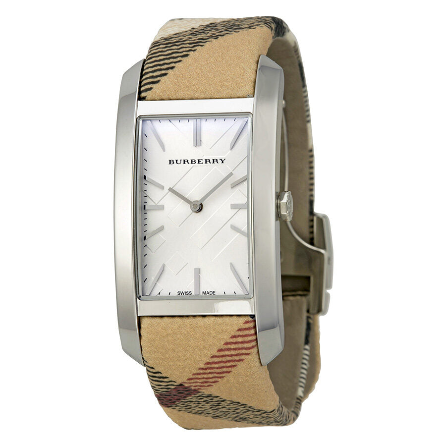 Burberry The Pioneer silver check-stamped dial rectangular ladies watch with Haymarket check strap
