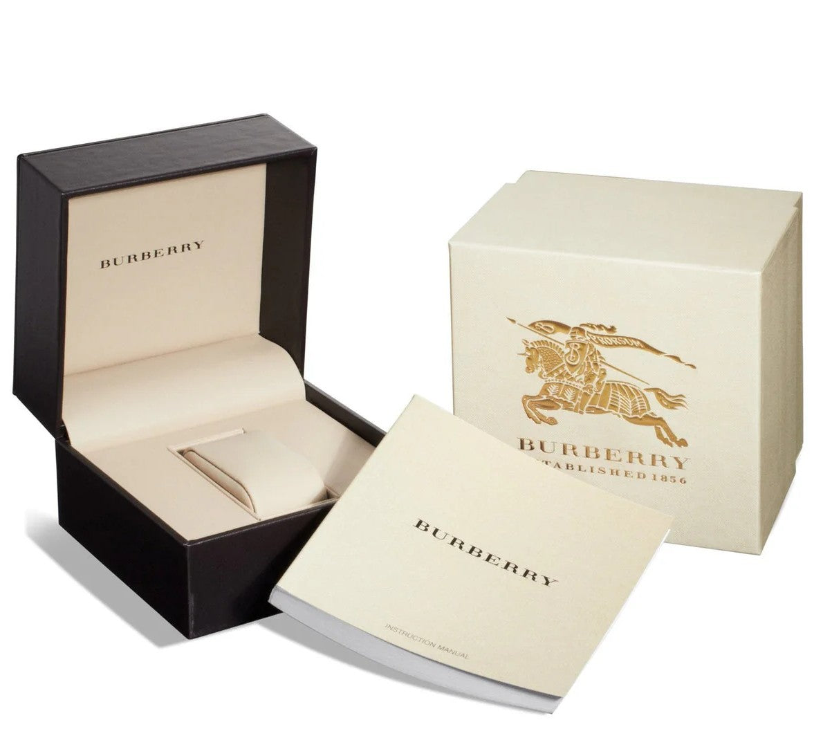 Burberry watch in black presentation box with cream outer box and gold logo