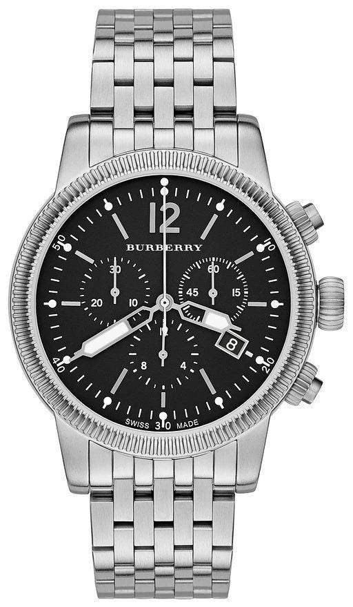 Burberry Utilitarian chronograph watch with black dial and stainless steel bracelet, front view