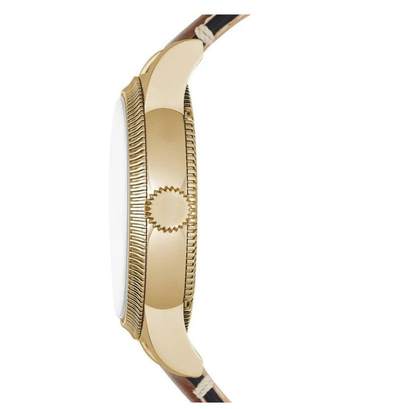 Side profile of Burberry Utilitarian BU7853 showing case thickness and gold bezel