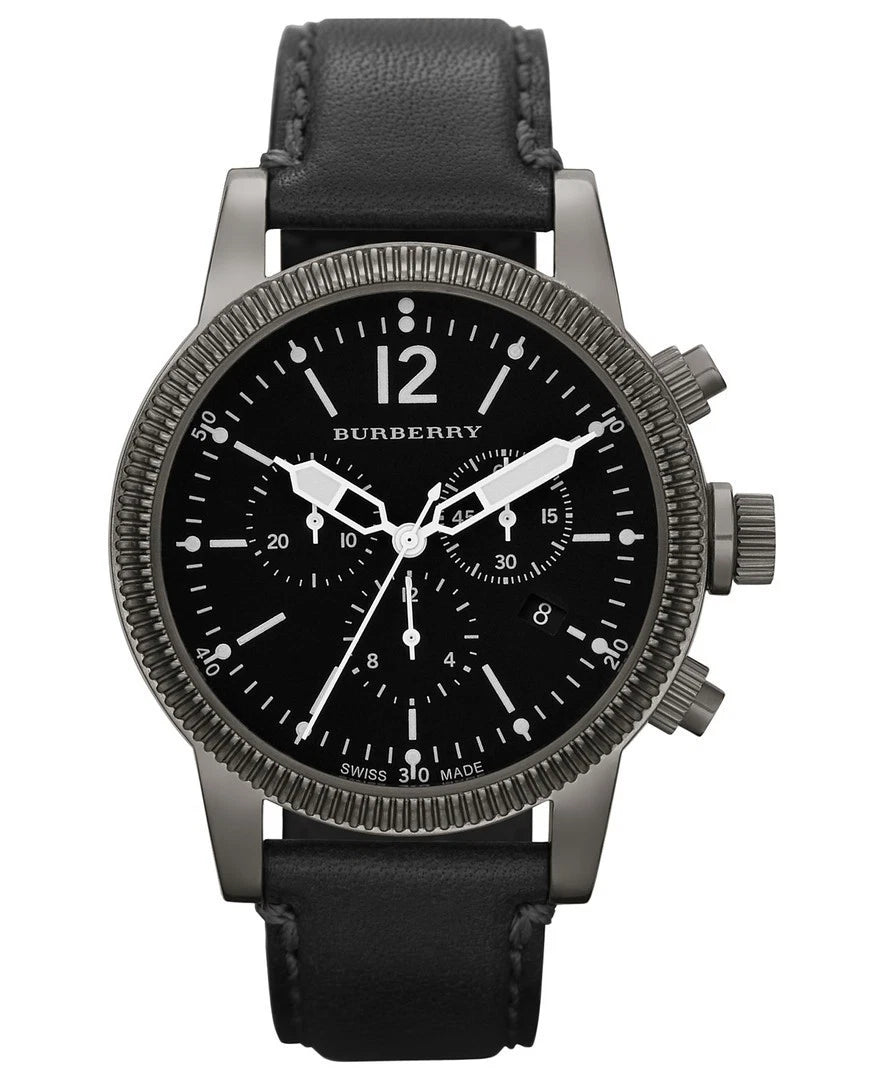 Burberry Utilitarian Chronograph 42mm mens watch with black dial and black leather strap