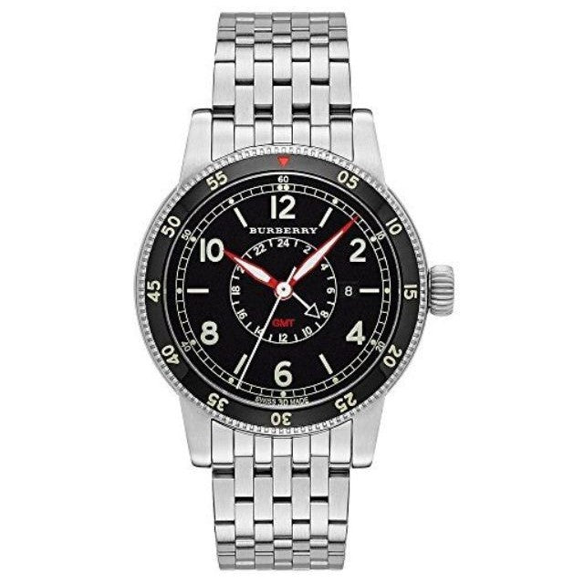 Burberry Utilitarian GMT men's watch with black dial and silver steel bracelet