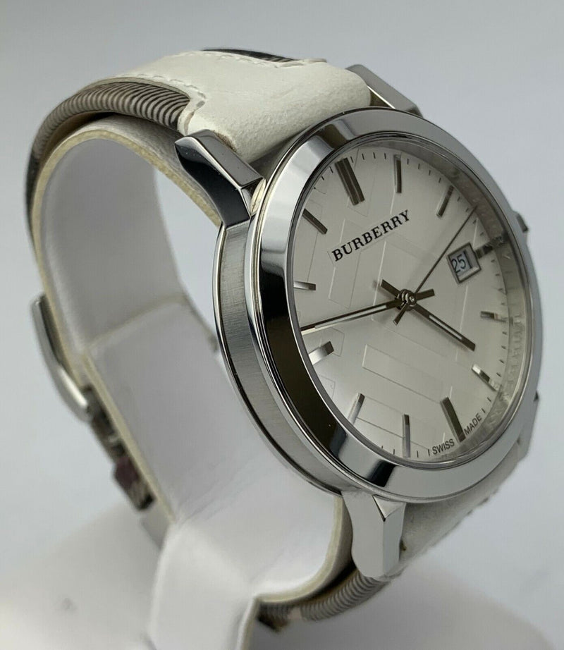 Burberry White Sunray Dial Trench Check White Leather Strap Unisex Watch BU9019 - Watch