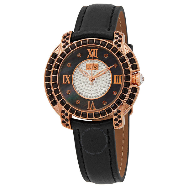 Burgi Black Mother of Pearl Dial Black Leather Ladies Watch BUR156BKR - The Watches Men & Co
