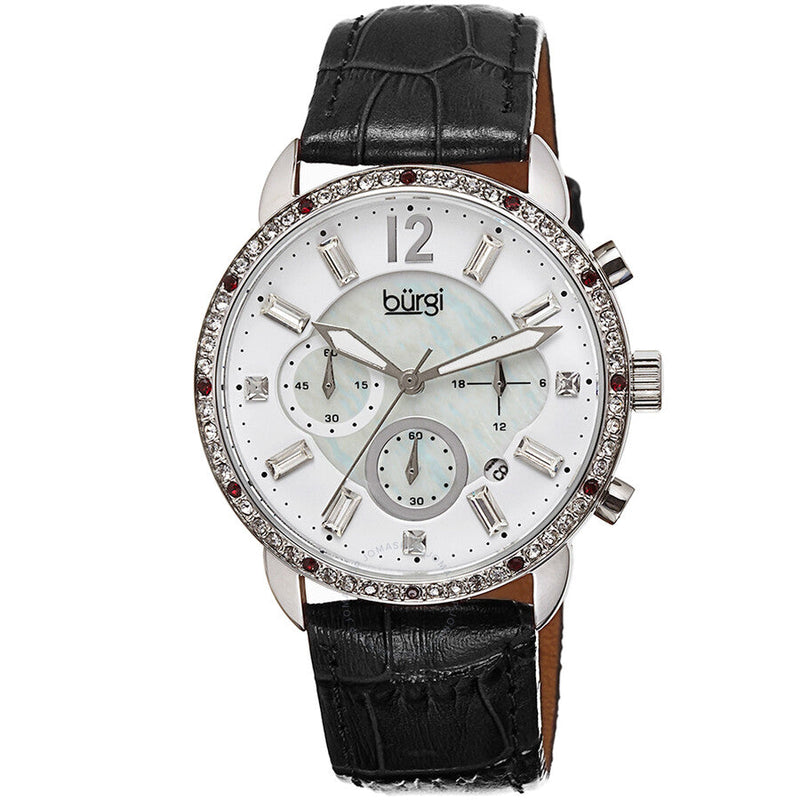 Burgi Crystal Chronograph Black Leather Mother of Pearl Dial Ladies Watch BUR089BK - The Watches Men & Co