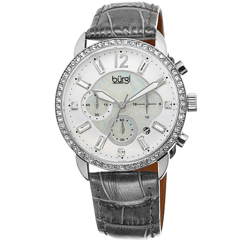 Burgi Crystal Chronograph Grey Leather Mother of Pearl Dial Ladies Watch BUR089GY - The Watches Men & Co