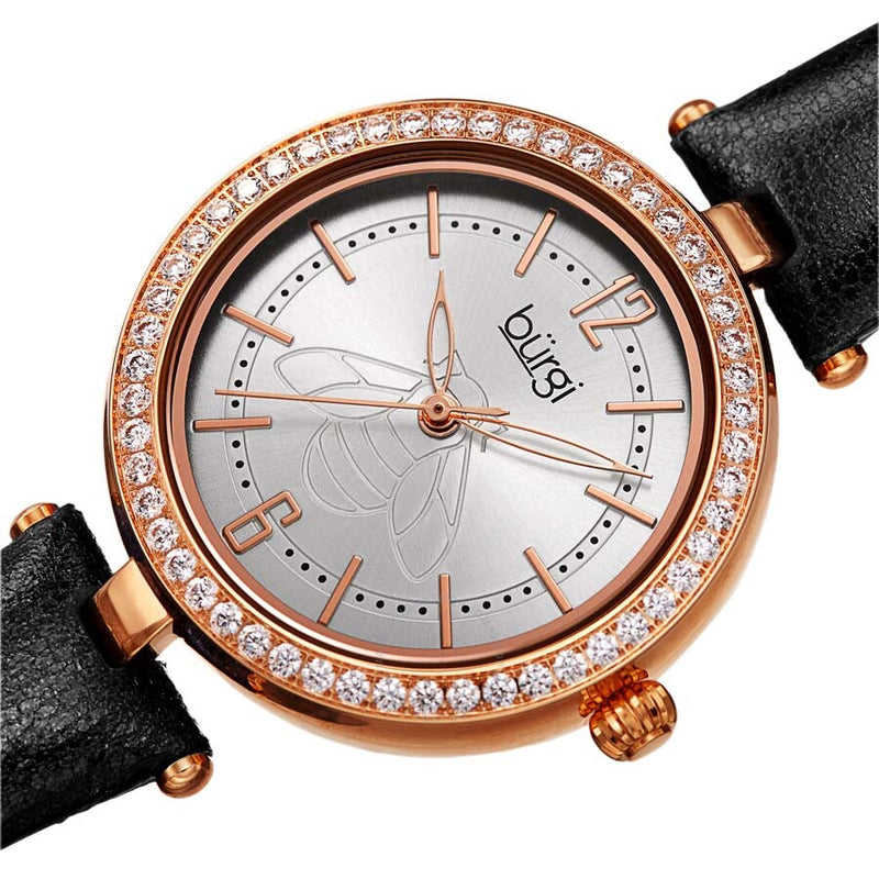 Burgi Crystal Silver Dial Black Leather Ladies Watch BUR235BKR - The Watches Men & Co #2