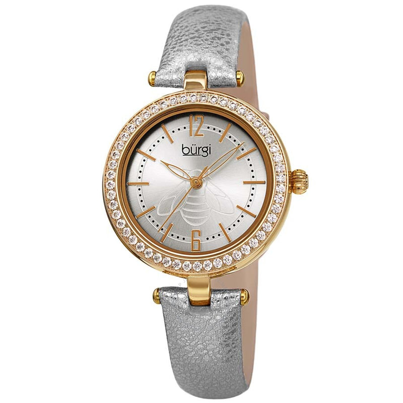 Burgi Crystal Silver Dial Silver Leather Ladies Watch BUR235YG - The Watches Men & Co