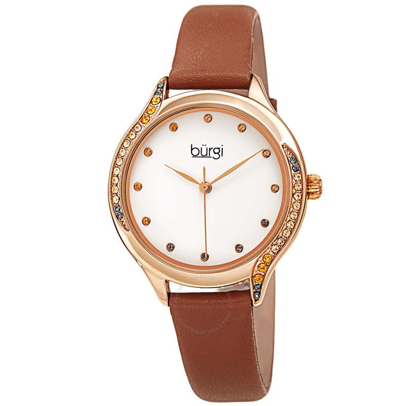 Burgi Crystal White Dial Brown Leather Ladies Watch BUR239BR - The Watches Men & Co