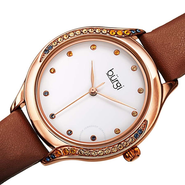Burgi Crystal White Dial Brown Leather Ladies Watch BUR239BR - The Watches Men & Co #2