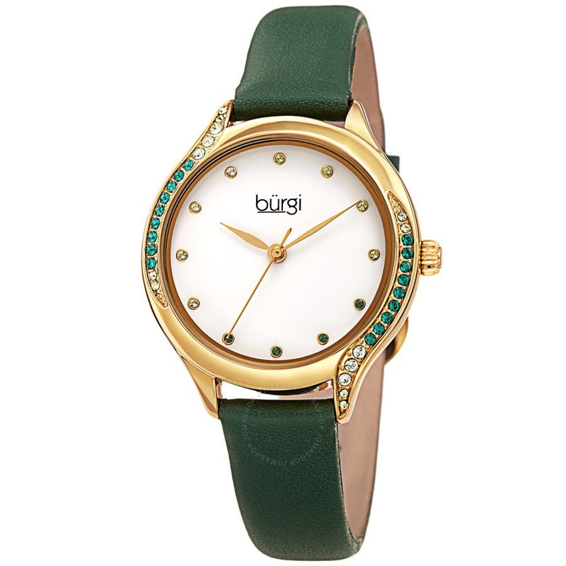 Burgi Crystal White Dial Green Leather Ladies Watch BUR239GN - The Watches Men & Co