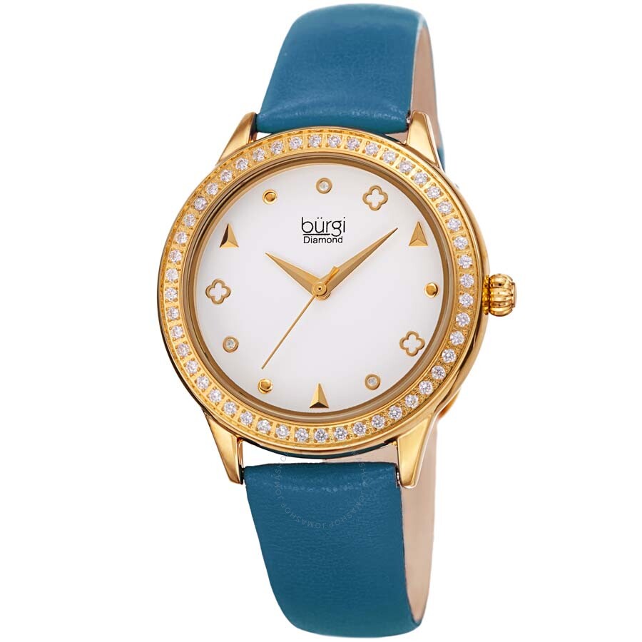 Burgi Diamond White Dial Blue Leather Ladies Watch BUR221BU - The Watches Men & Co