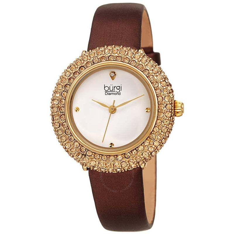 Burgi Diamond White Dial Brown Satin Ladies Watch BUR227BR - The Watches Men & Co