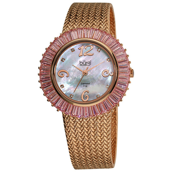 Burgi Faceted Crystal Bezel Mother of Pearl Dial Ladies Watch BUR076PK - The Watches Men & Co
