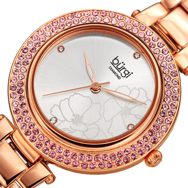 Burgi Flower Marker Diamond Crystal Silver Dial Ladies Watch BUR179RG - The Watches Men & Co #2