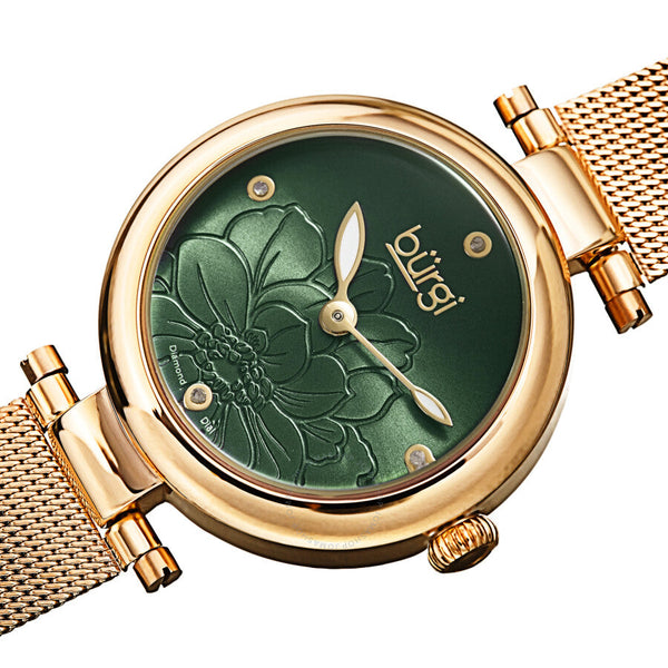 Burgi Flower Marker Quartz Diamond Green Dial Ladies Watch BUR260YGN - The Watches Men & Co #2