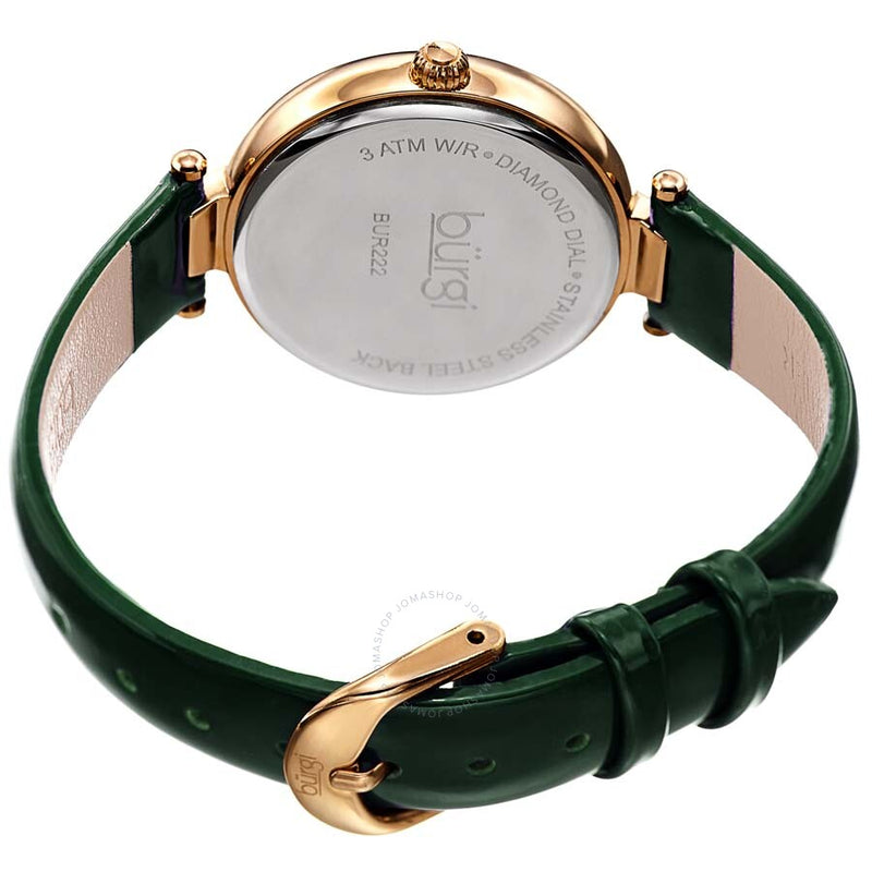 Burgi Ladies Engraved Argyle Diamond Green Dial Green Leather Strap Watch - The Watches Men & Co #4