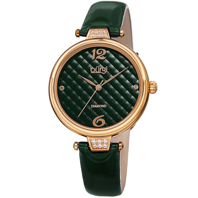 Burgi Ladies Engraved Argyle Diamond Green Dial Green Leather Strap Watch - The Watches Men & Co