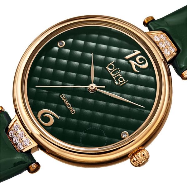 Burgi Ladies Engraved Argyle Diamond Green Dial Green Leather Strap Watch - The Watches Men & Co #2