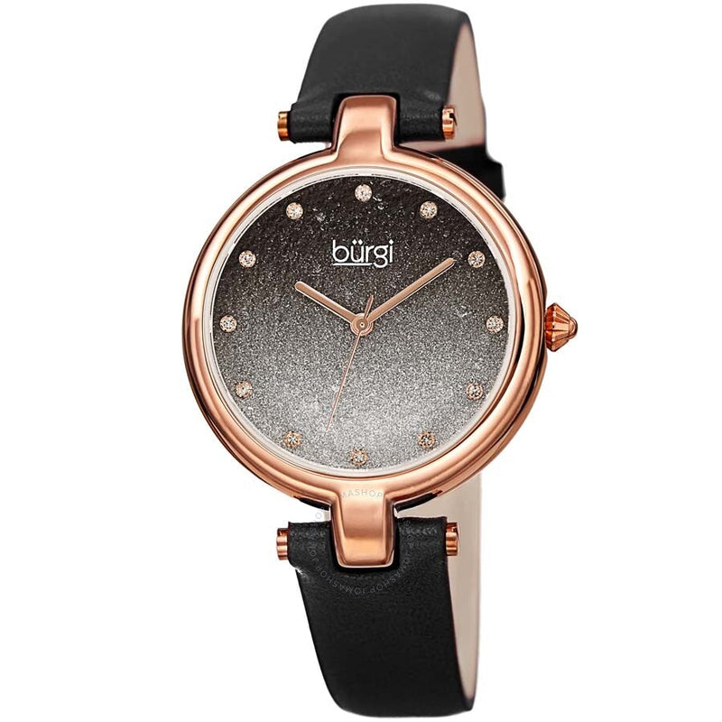Burgi Ladies Glitter Ombre Swarovski Crystal Dial Black Leather Strap Watch - The Watches Men & Co
