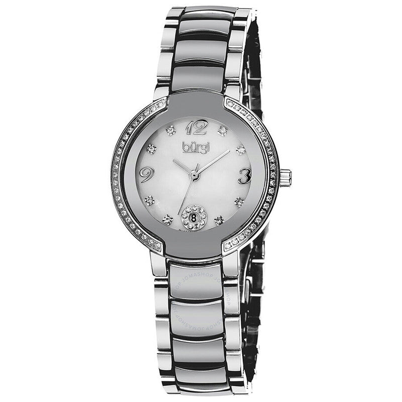 Burgi Mother of Pearl Dial Silver-tone Ceramic and Stainless Steel Ladies Watch BUR072SL - The Watches Men & Co