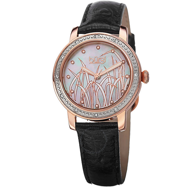Burgi Mother of Pearl Pattern Dial Black Leather Ladies Watch BUR096RG - The Watches Men & Co