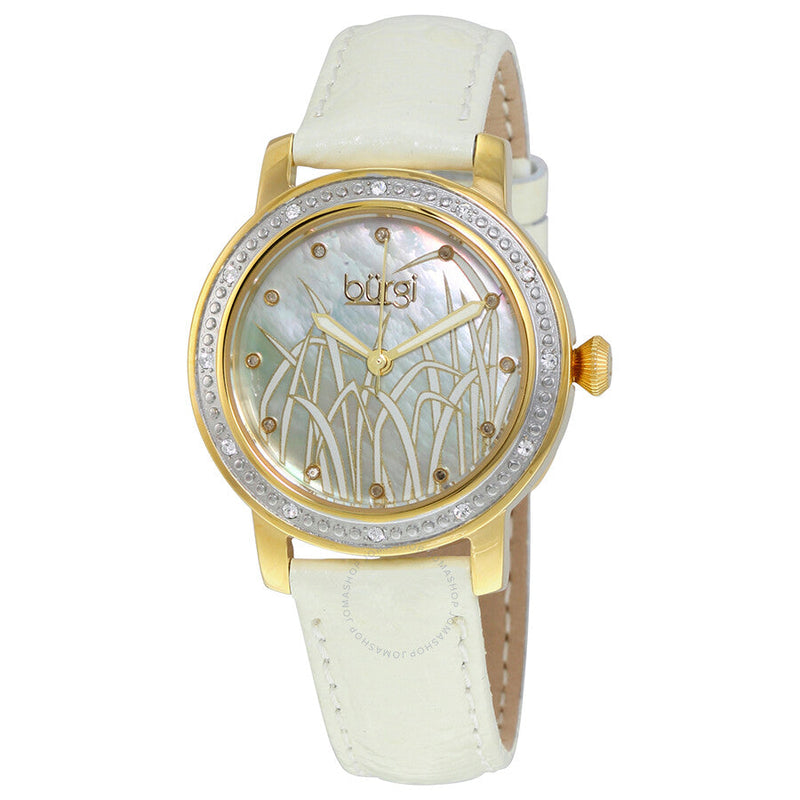Burgi Mother of Pearl Pattern Dial White Leather Ladies Watch BUR096YGW - The Watches Men & Co
