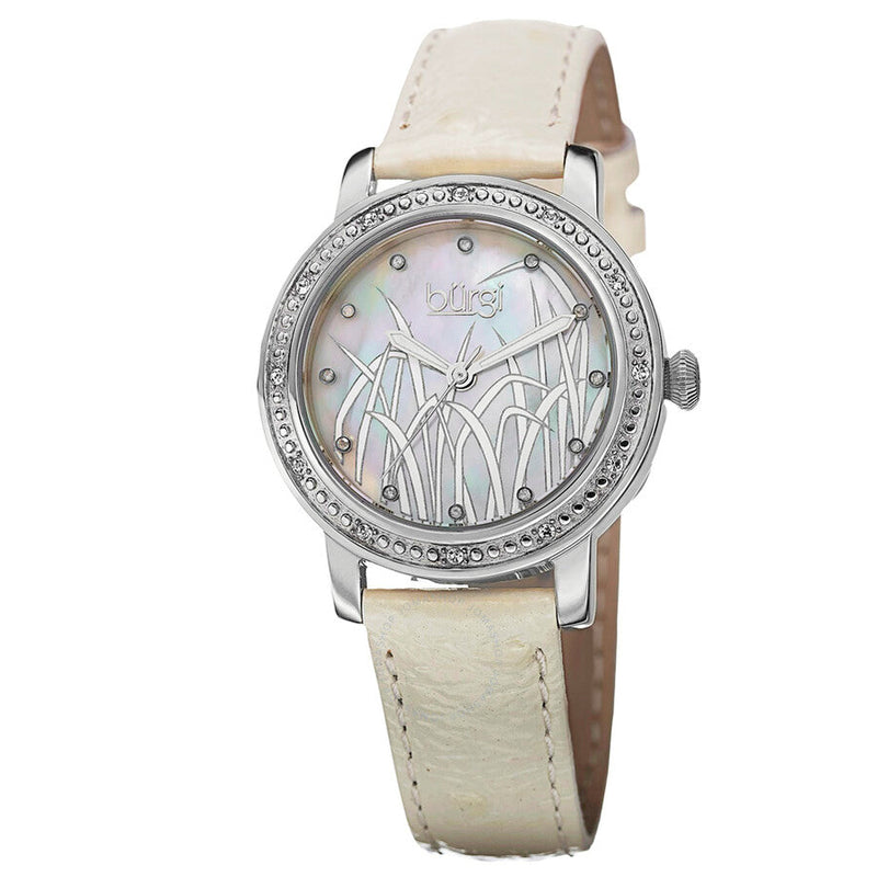 Burgi Mother of Pearl Pattern Dial White Leather Ladies Watch BUR096SSW - The Watches Men & Co