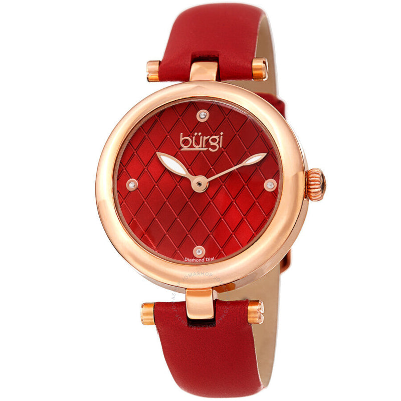 Burgi Quartz Diamond Red Dial Red Leather Ladies Watch BUR196RD - The Watches Men & Co
