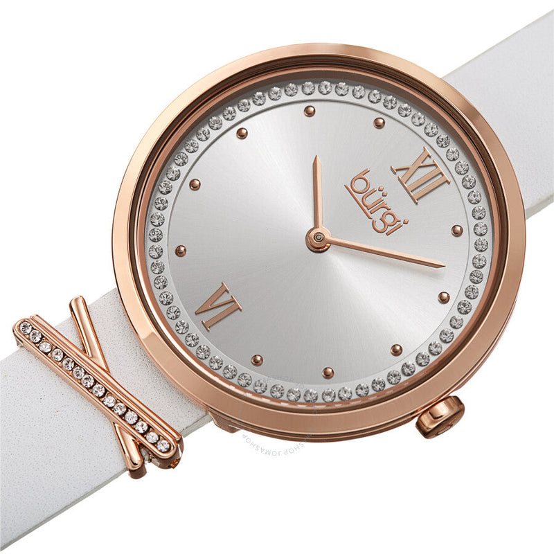 Burgi Quartz Silver Dial White Leather Ladies Watch BUR264WT - The Watches Men & Co #2