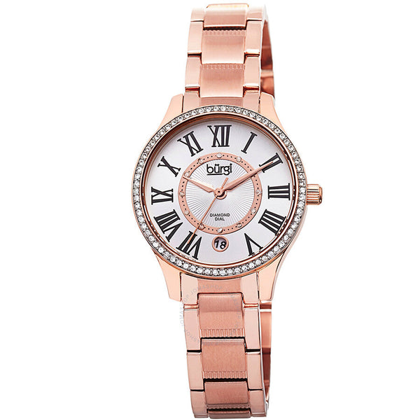Burgi Rose Gold-Tone Stainless Steel Silver-Tone Diamond Dial Ladies Watch BUR090RG - The Watches Men & Co
