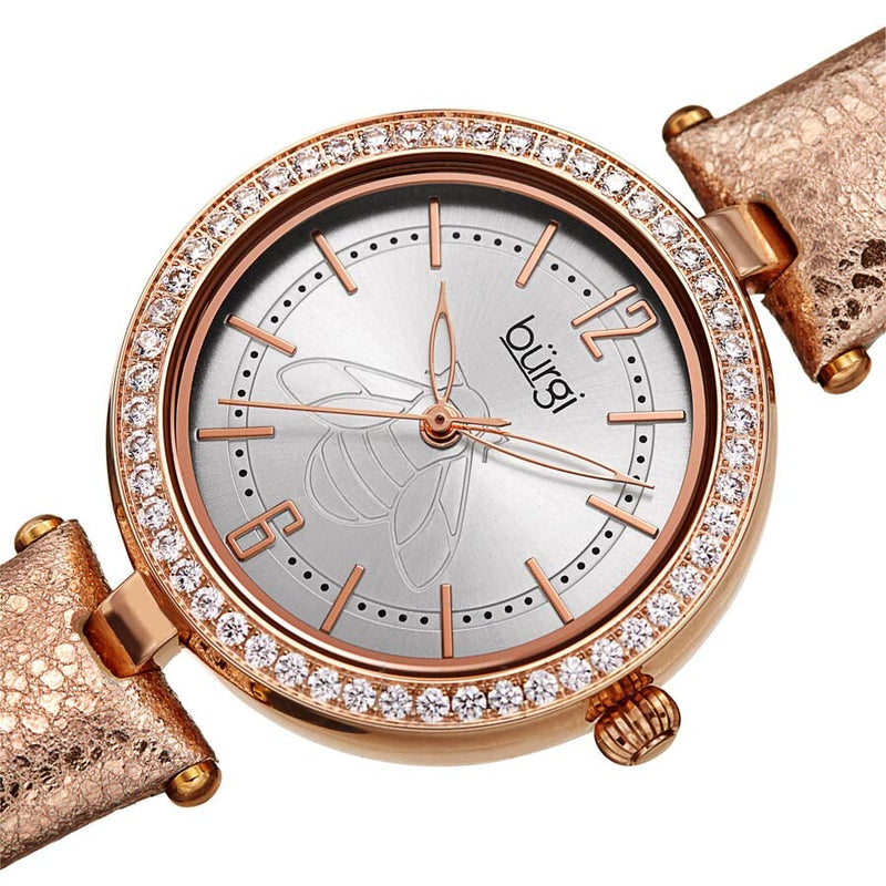 Burgi Crystal Silver Dial Gold Leather Ladies Watch BUR235RG - The Watches Men & Co #2