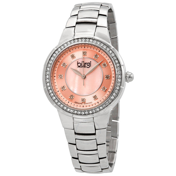 Burgi Silver-Tone Steel Pink Mother of Pearl Diamond Dial Ladies Watch BUR093PK - The Watches Men & Co