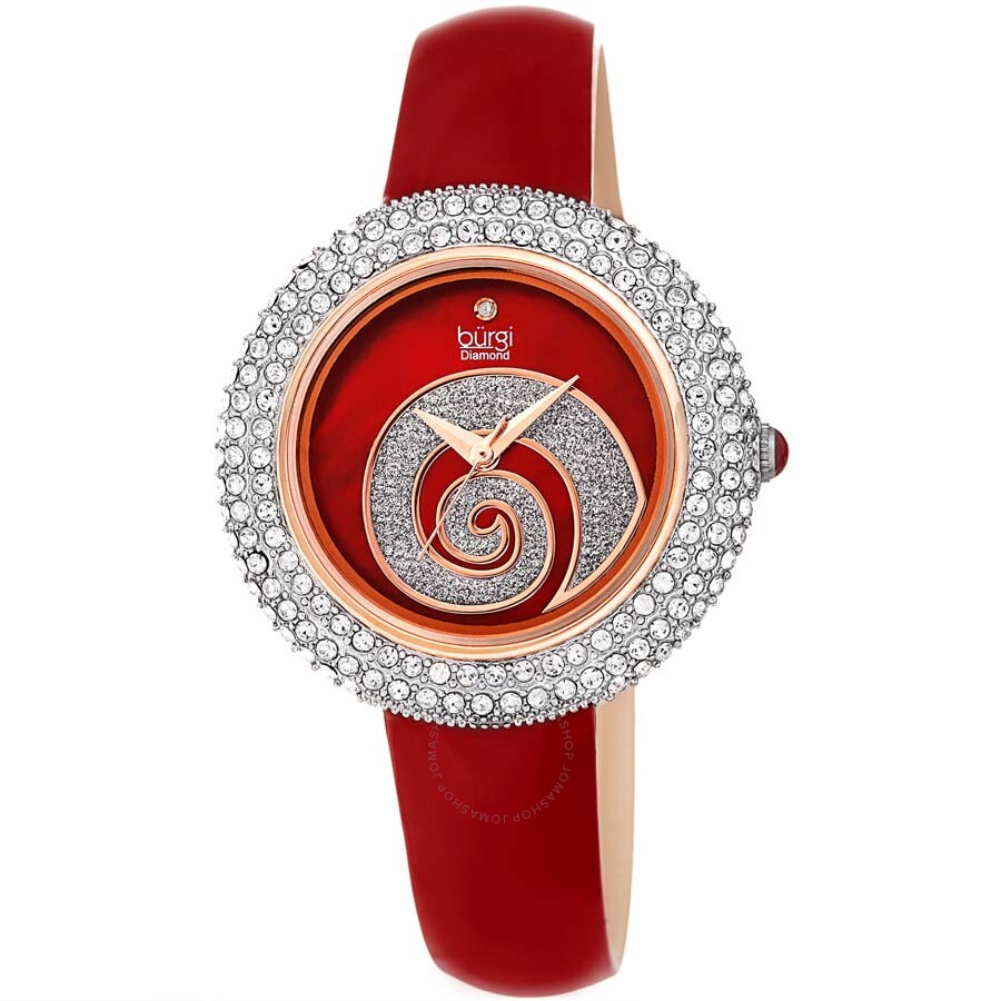 Burgi Swirl Diamond Red Dial Red Leather Ladies Watch BUR209RD - The Watches Men & Co