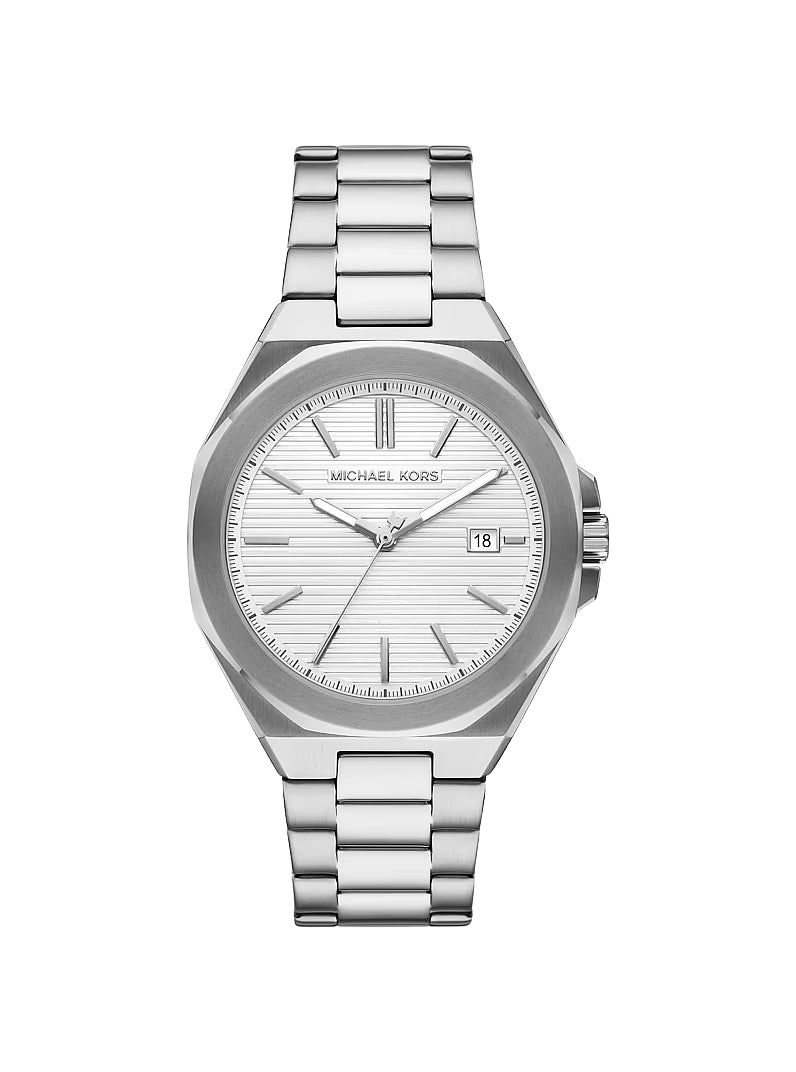 Silver-tone stainless steel watch with white dial and date window