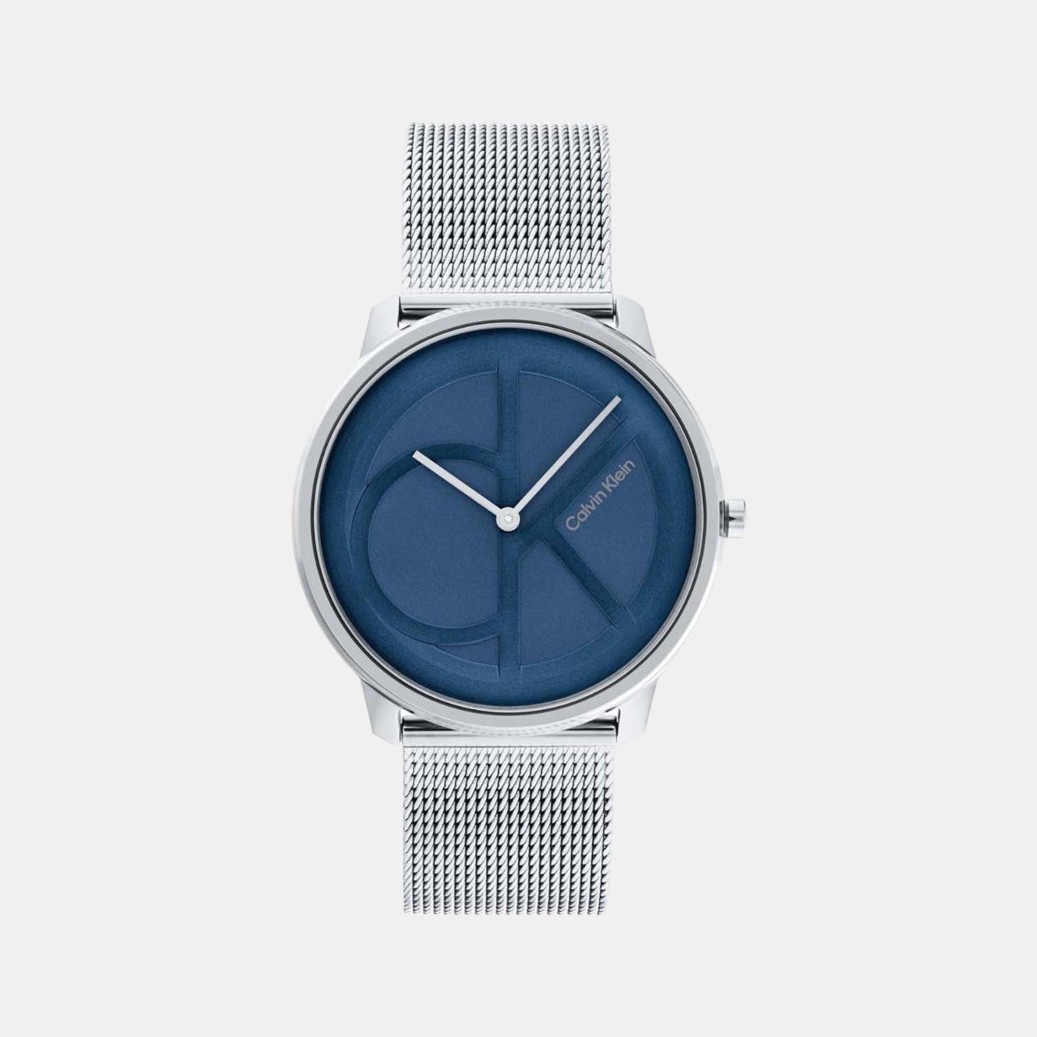 Calvin Klein watch silver mesh band with blue dial on white background
