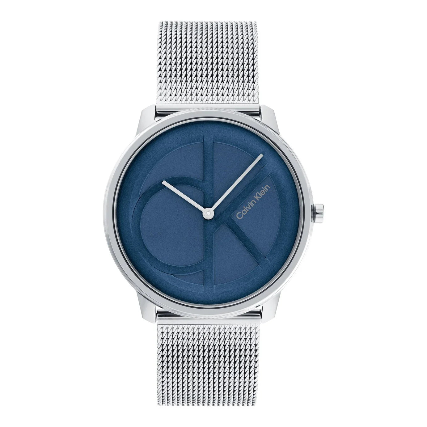 Calvin Klein quartz watch with blue dial and silver mesh bracelet