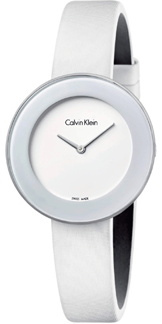 Calvin Klein Chic white women's watch from angled side view