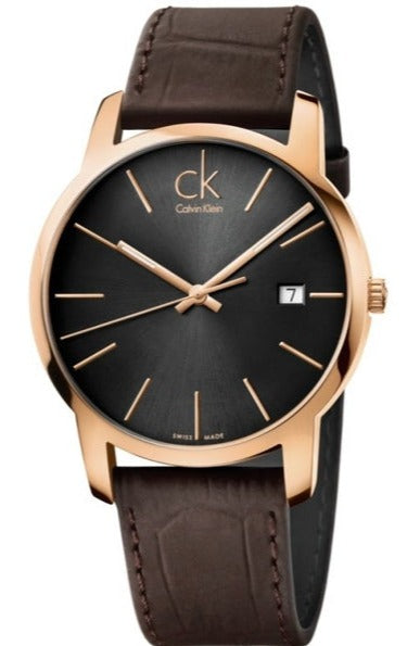 Calvin Klein City gold-plated watch with black dial and brown leather strap