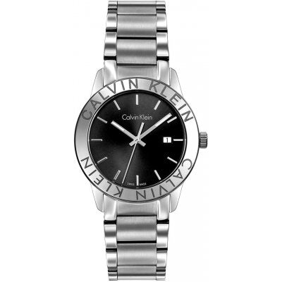 Calvin Klein City K7Q21141 at an angle showing silver steel strap and black dial face