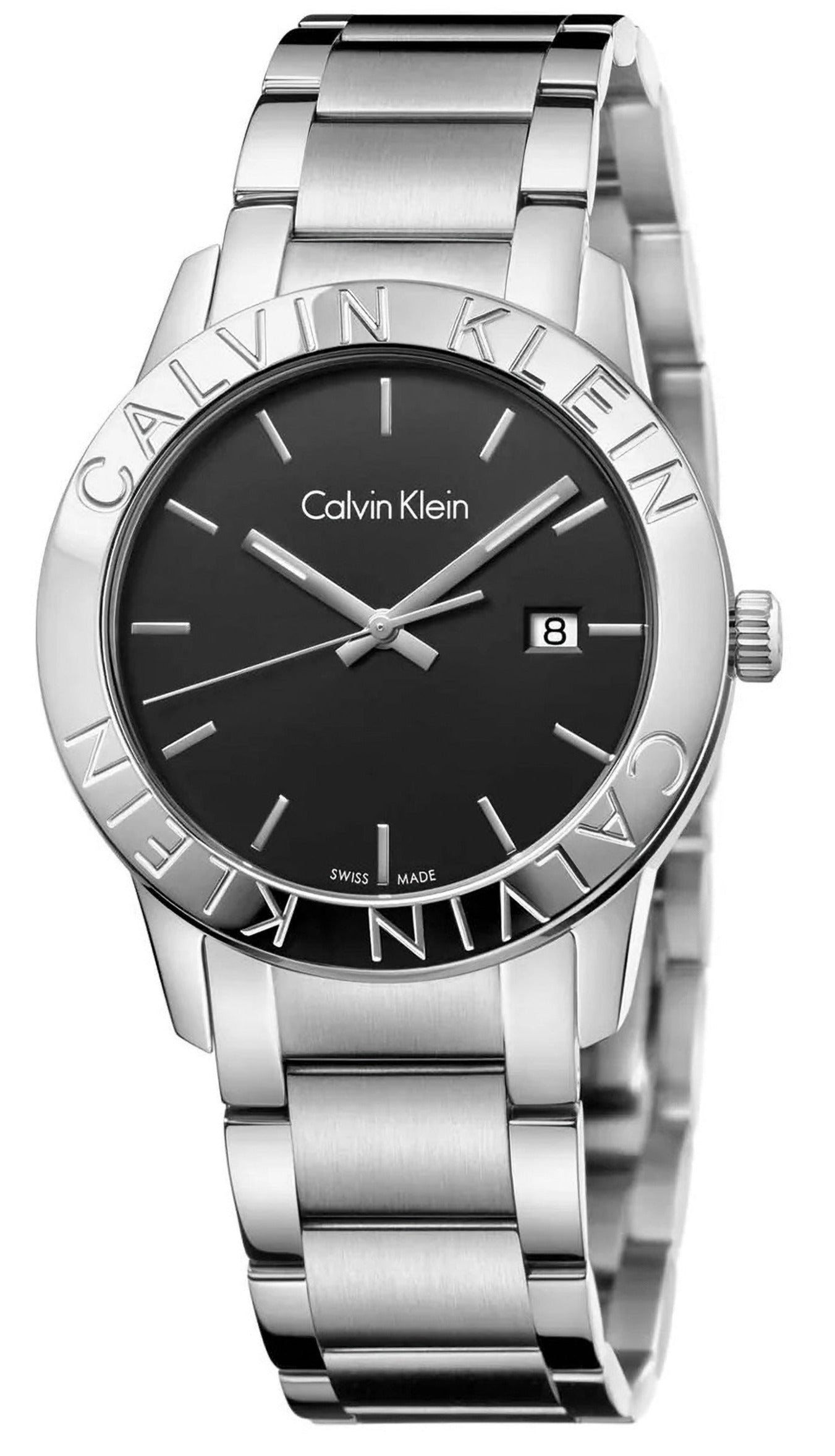 Calvin Klein City watch with black dial, silver steel strap, and Roman numeral bezel