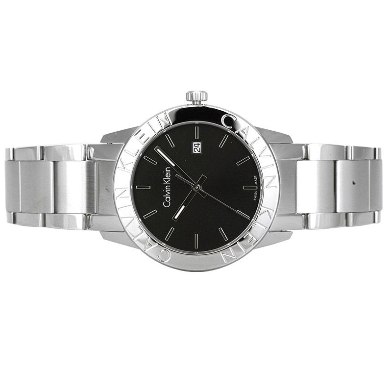 Side view of Calvin Klein City watch showing silver steel bracelet and crown detail