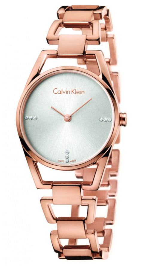 Calvin Klein Dainty women's rose gold watch with silver dial and rose gold link bracelet