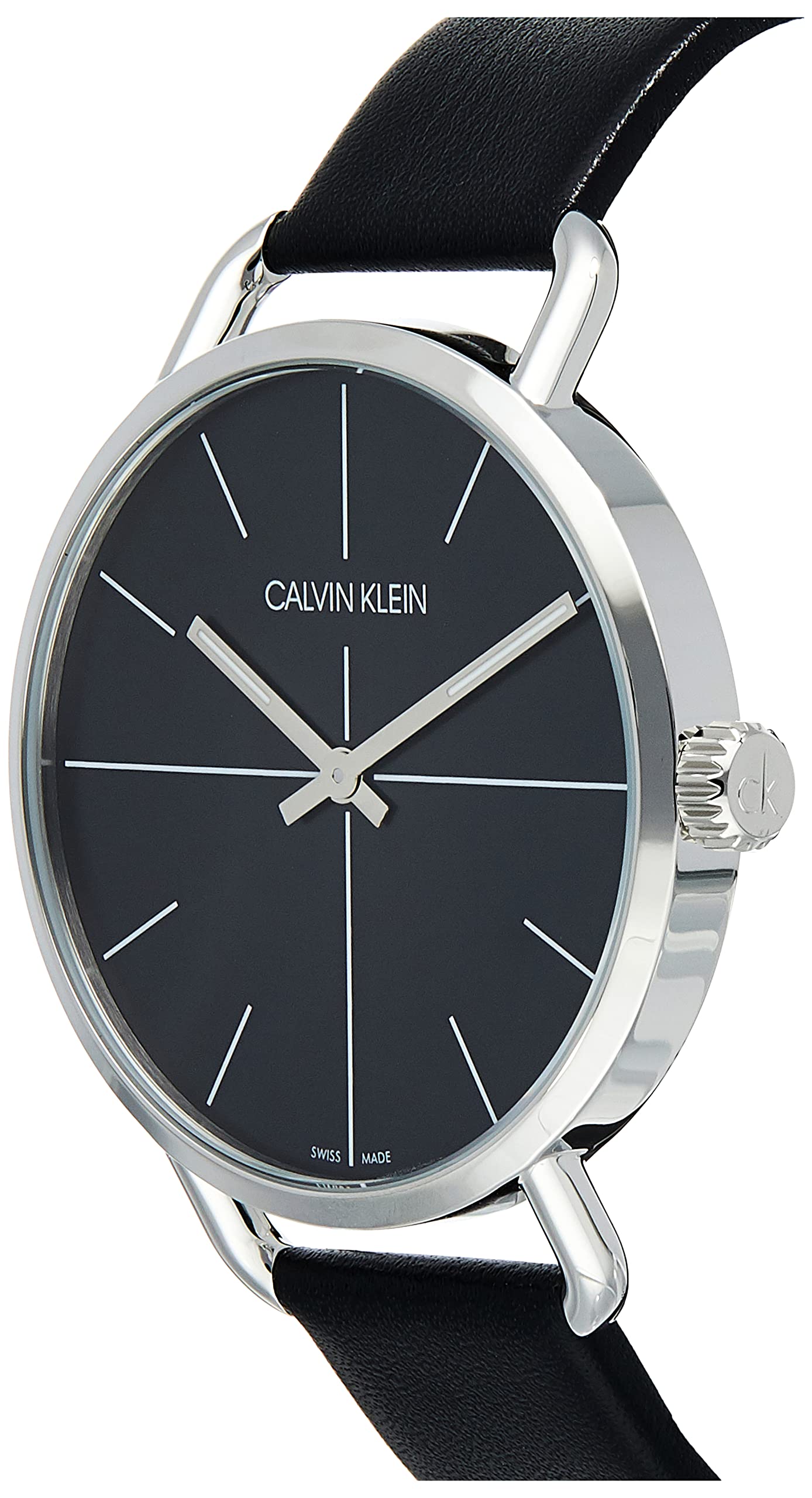 Calvin Klein Evan watch angled side view showing black leather strap and silver case profile