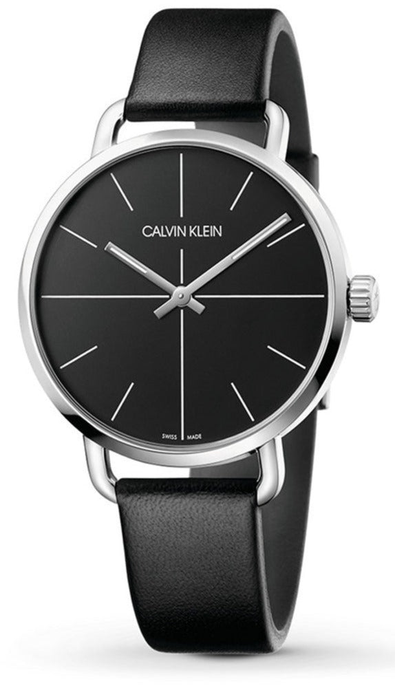 Calvin Klein Evan black dial watch with silver case and black leather strap, front view