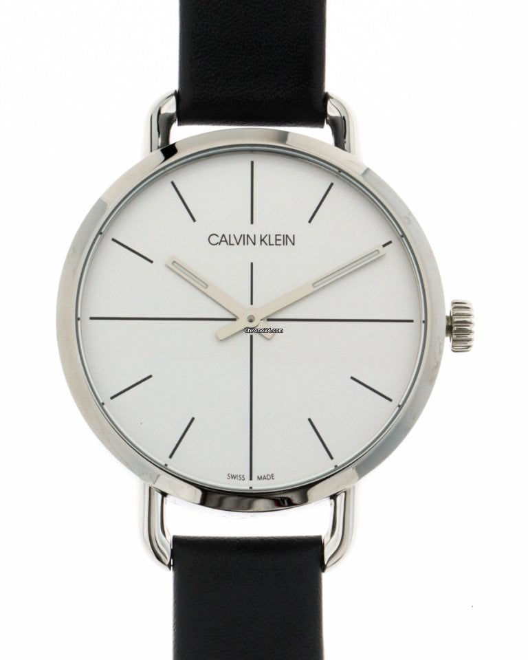 Calvin Klein Even watch worn on wrist, silver dial with black leather strap